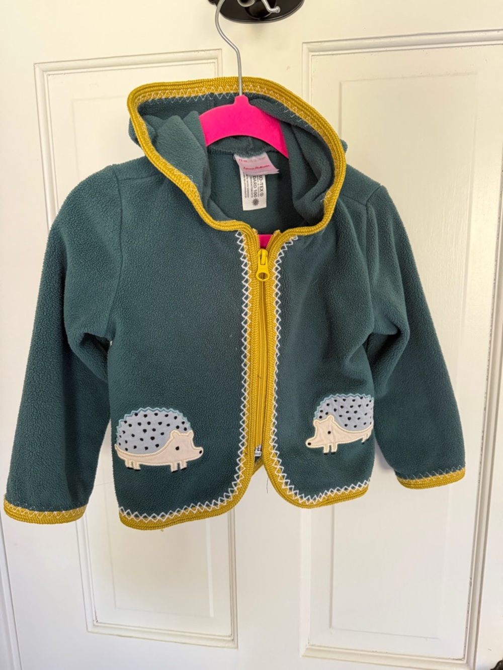Hanna Andersson Teal Hooded Fleece Jacket with Yellow Trim